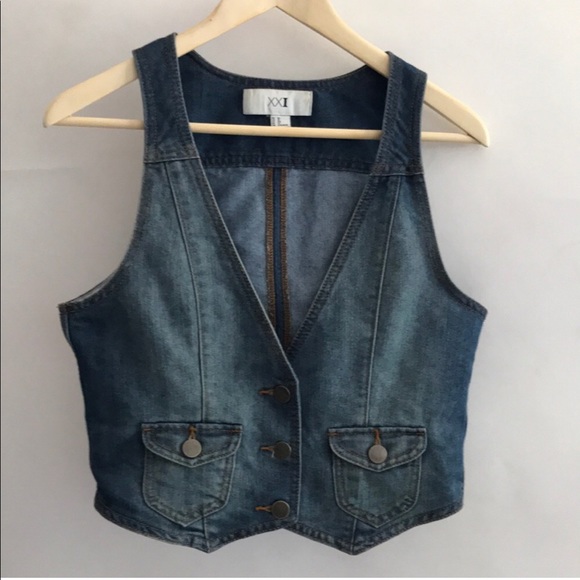 Forever 21 Tops - FOREVER 21 Denim Vest Corset Top Shirt Buttons Cropped Short Waist Pointed Hem M